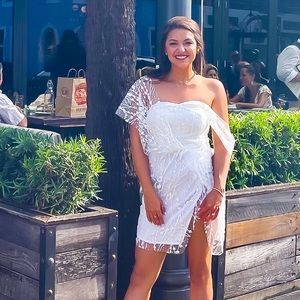 White sparkle glitter mesh off shoulder dress